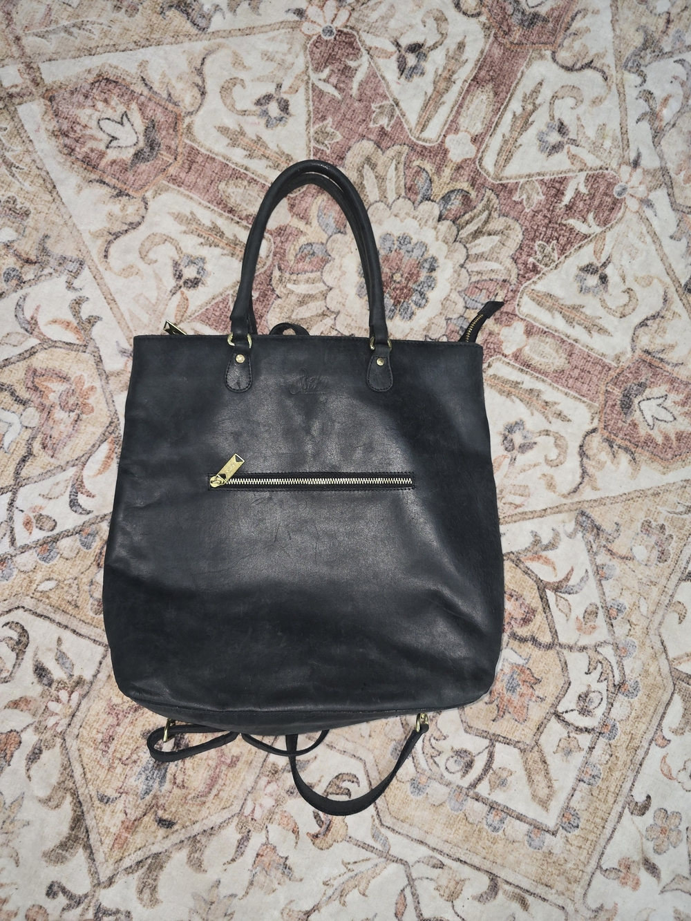 Sseko Black Leather Convertible Backpack Tote with Gold Zipper